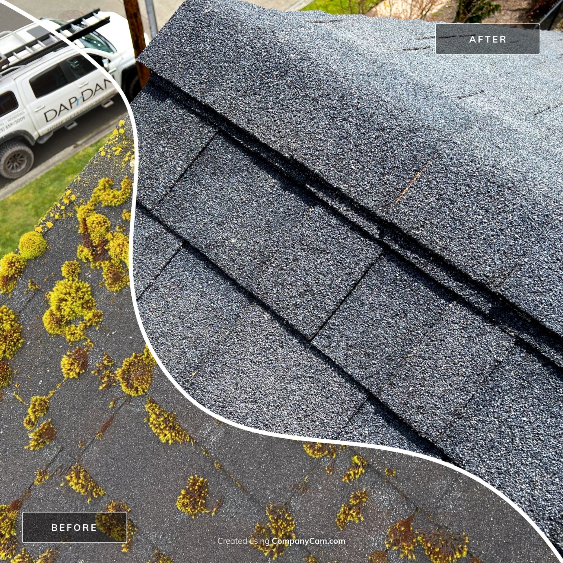 Comparison of a roof before and after cleaning, with a vehicle and 'DAPrDAN' branding visible.